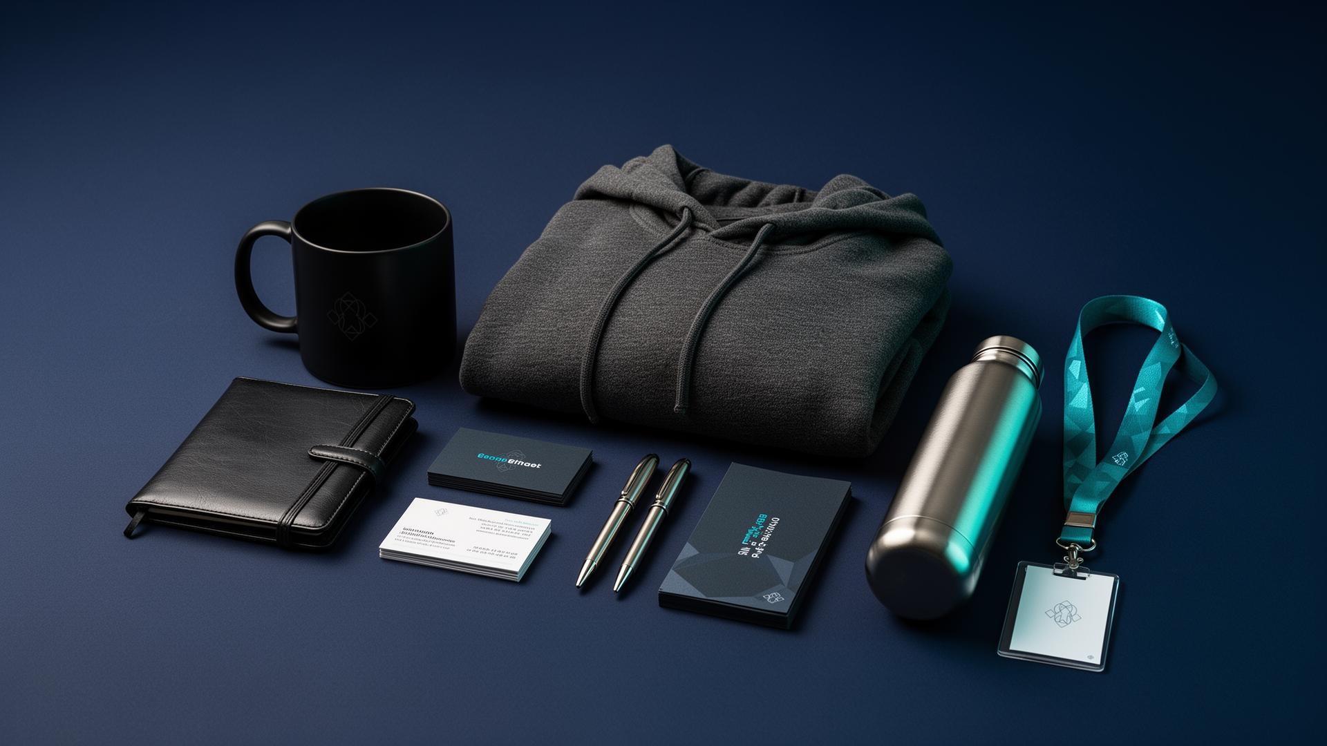 Urval av profilprodukter – mugg, hoodie, anteckningsbok, pennor, vattenflaska och nyckelband